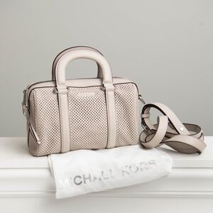 Michael Kors Purse Libby Perforated Leather Grey Taupe Removable Crossbody Strap